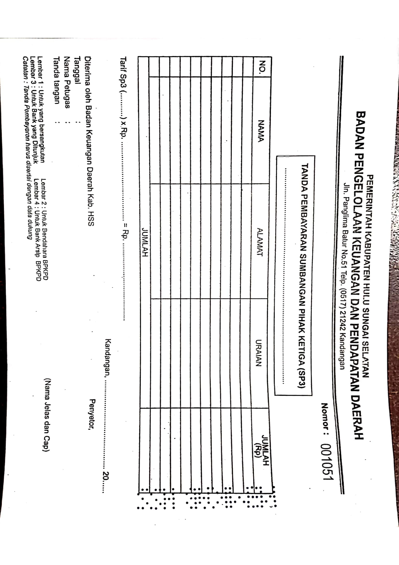 Blanko Tanda Bukti Pembayaran Sumbangan Pihak Ketiga (SP3)