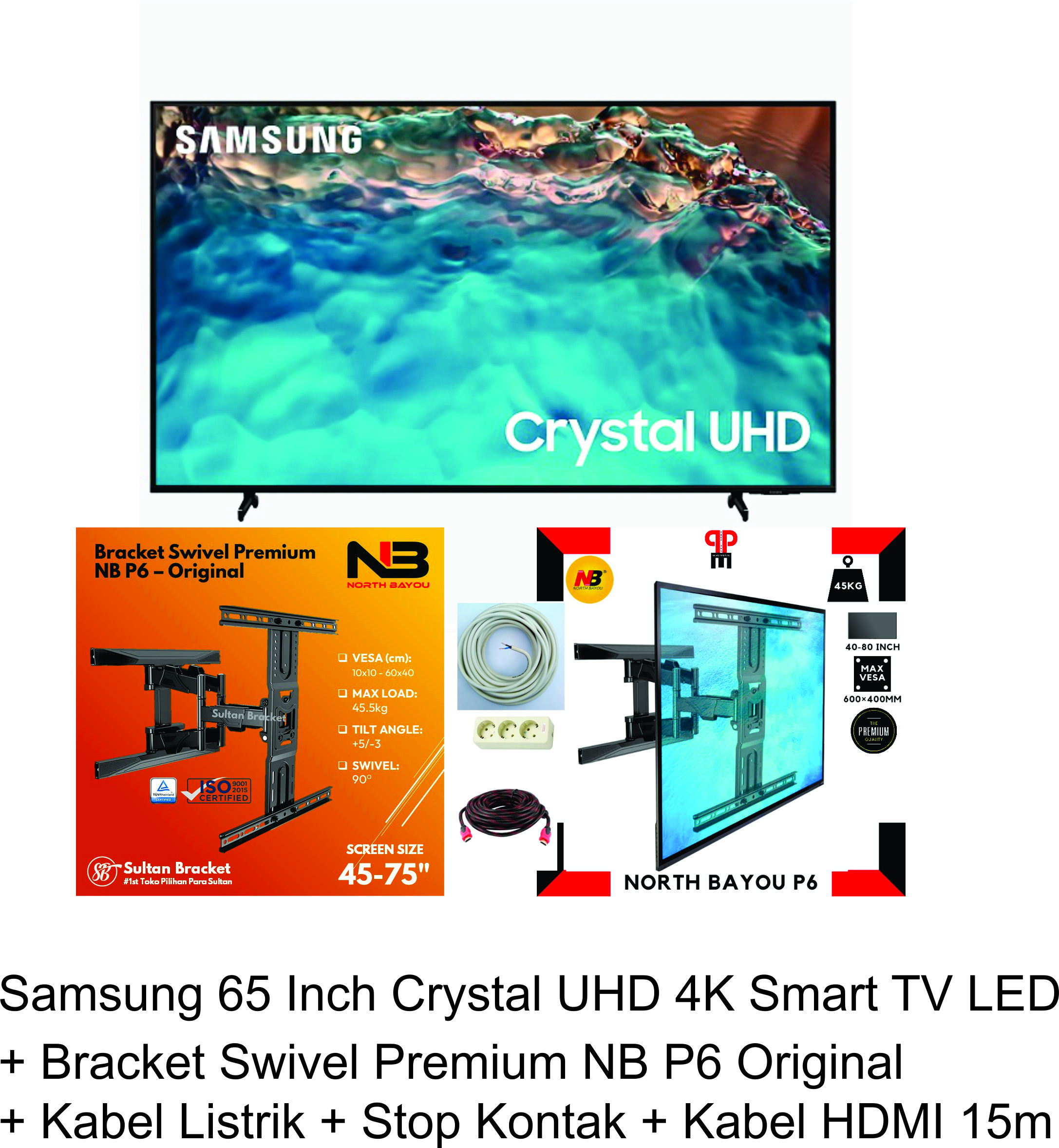 Samsung 65 Inch Crystal UHD 4K Smart TV LED + North Bayou Nb P6 Bracket Tv 43 50 55 65 75 Inch Smart/Android Led TV