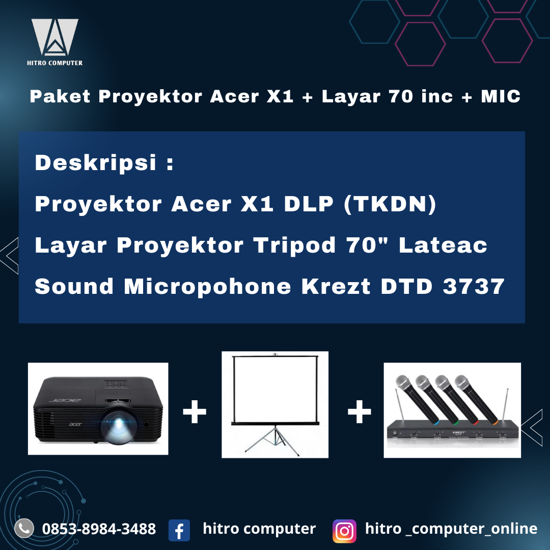 PAKET PROYEKTOR X1 + LAYAR 70 INC + MIC