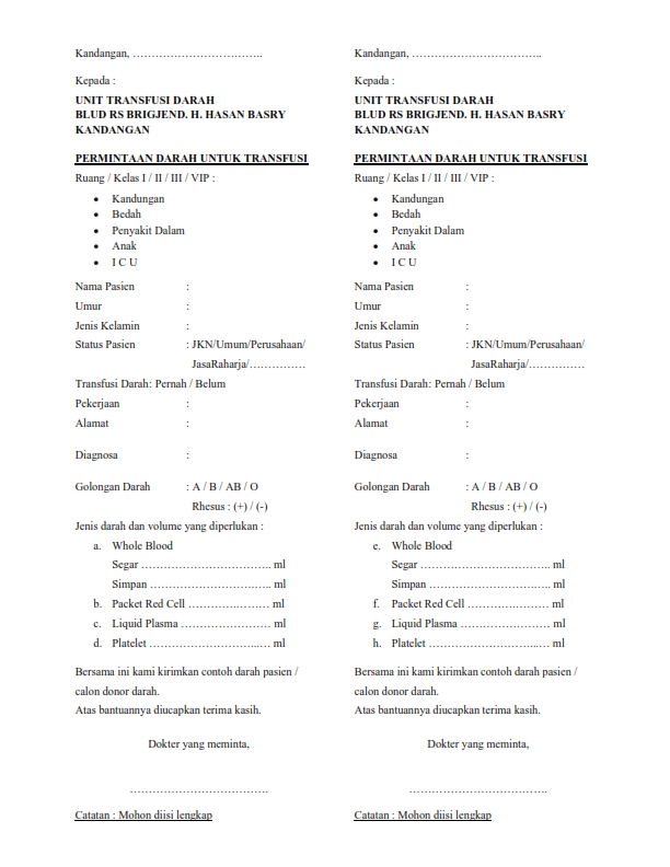 FORM PERMINTAAN DARAH UNTUK TRANSFUSI