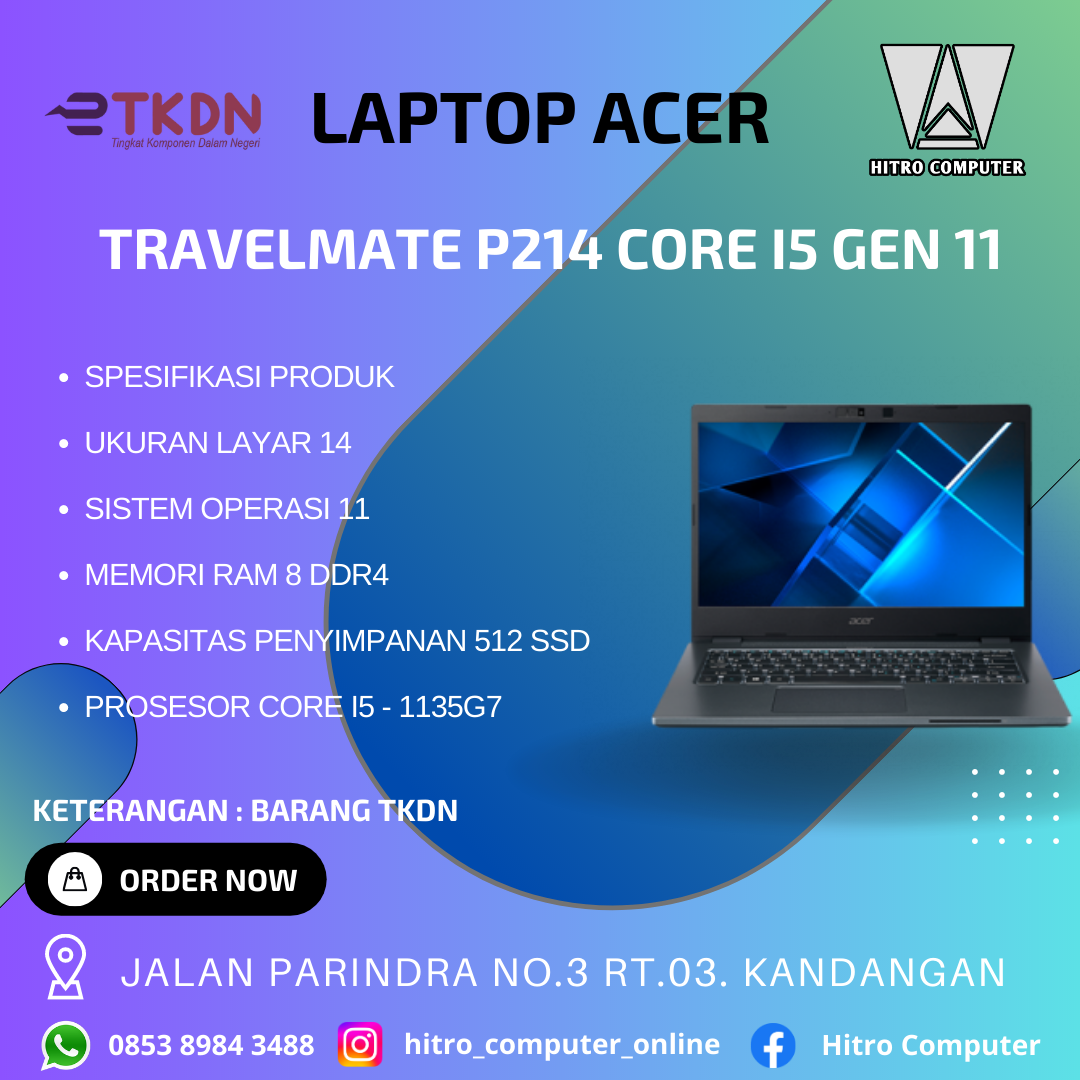 LAPTOP ACER TRAVELMATE P214 CORE I5 GEN 11 RAM 8GB