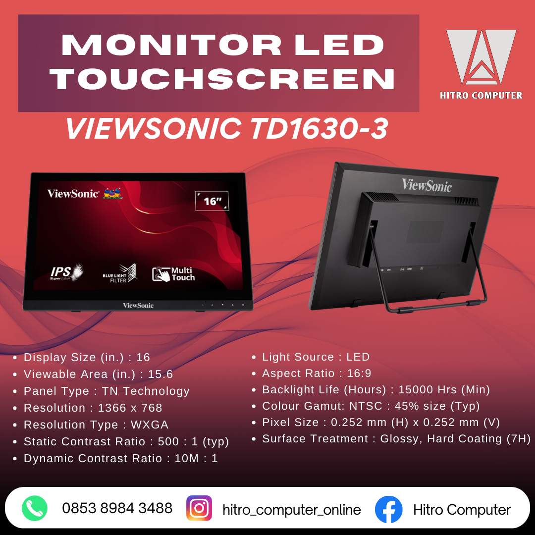 MONITOR LED TOUCHSCREEN VIEWSONIC TD1630-3 15.6 INCH