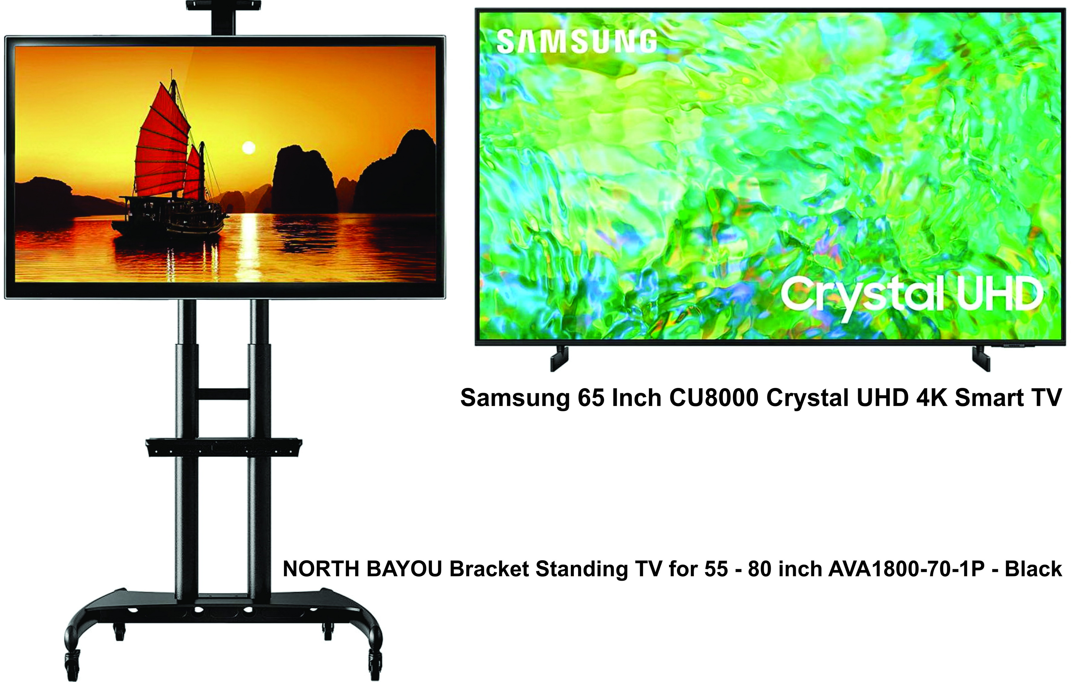 Samsung 65 Inch CU8000 Crystal UHD 4K Smart TV dan NORTH BAYOU Bracket Standing TV for 55 - 80 inch AVA1800-70-1P - Black