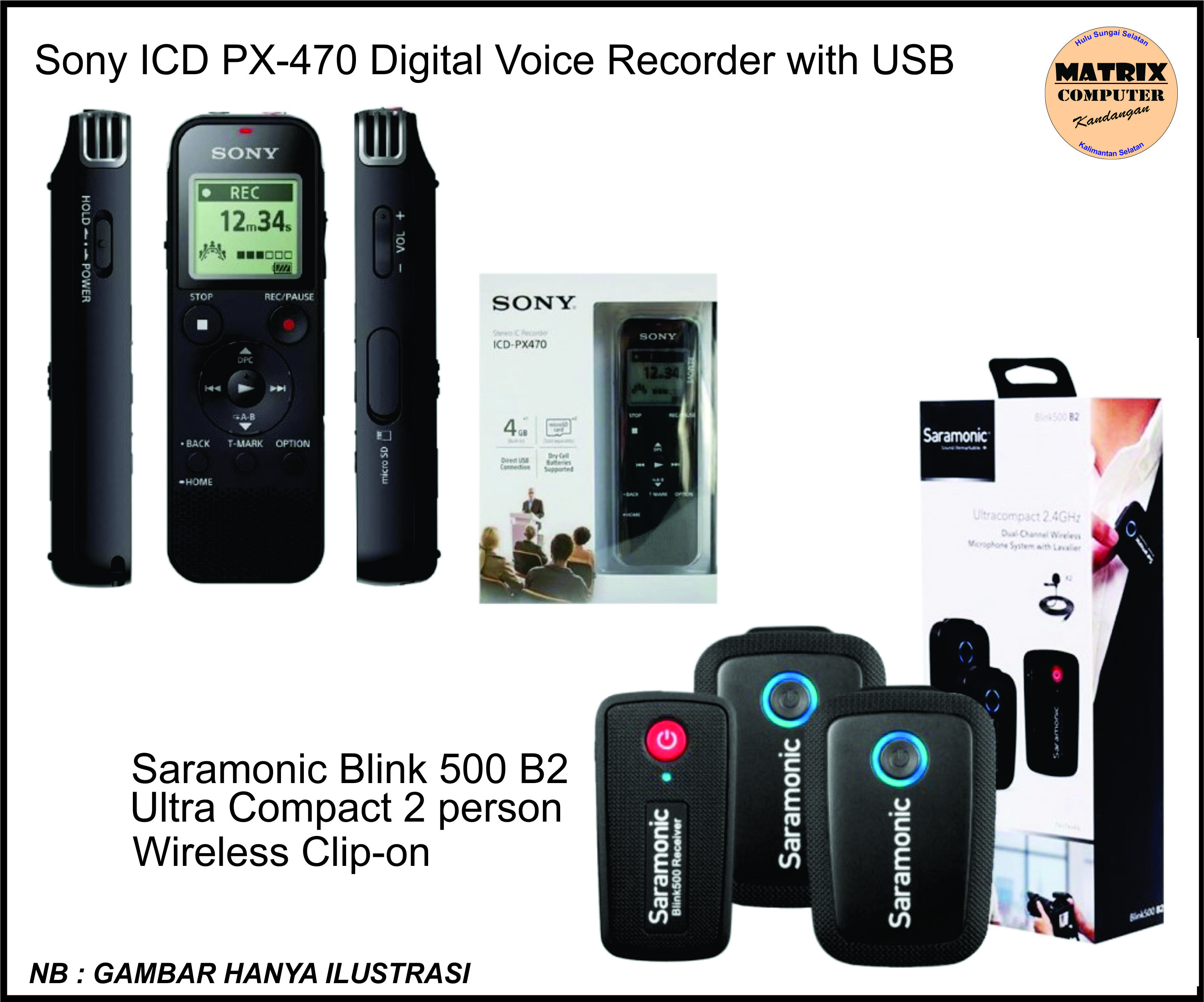 Sony ICD PX-470 Digital Voice Recorder with USB + Saramonic Blink 500 B2 Ultra Compact 2 person Wireless Clip-on (NON PAJAK PPN)