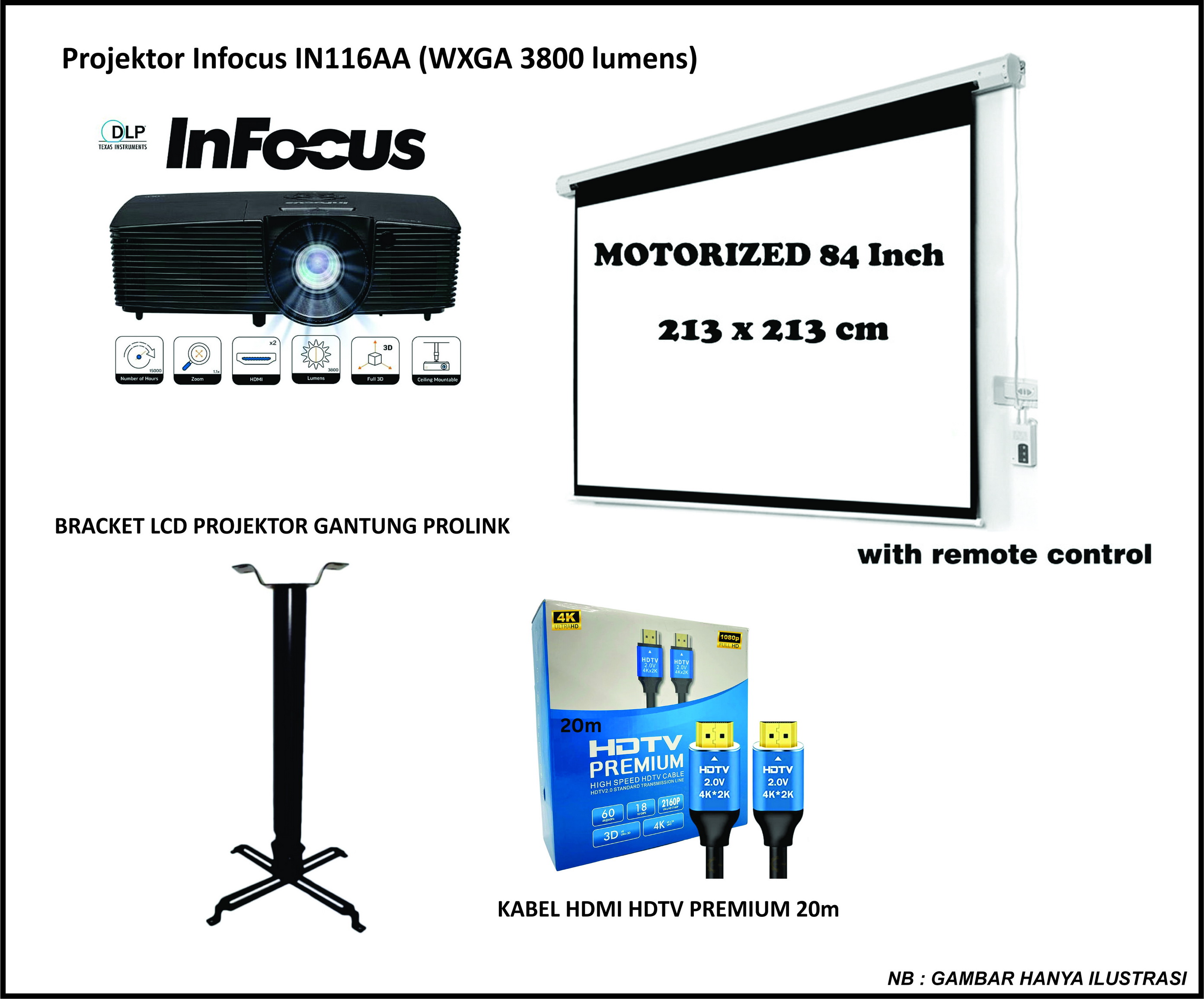 Proyektor Infocus IN116AA (WXGA 3800 lumens) + LAYAR PROYEKTOR MOTORIZED 84 INCI (TANPA PAJAK PPN)