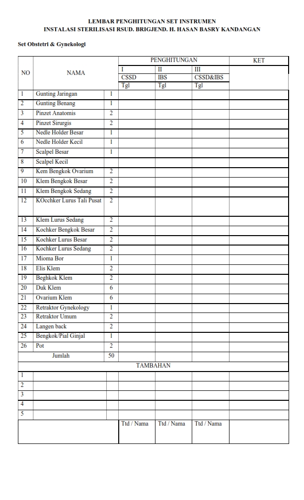 LEMBAR PENGHITUNGAN SET INSTRUMEN Obgyn 3 Ply