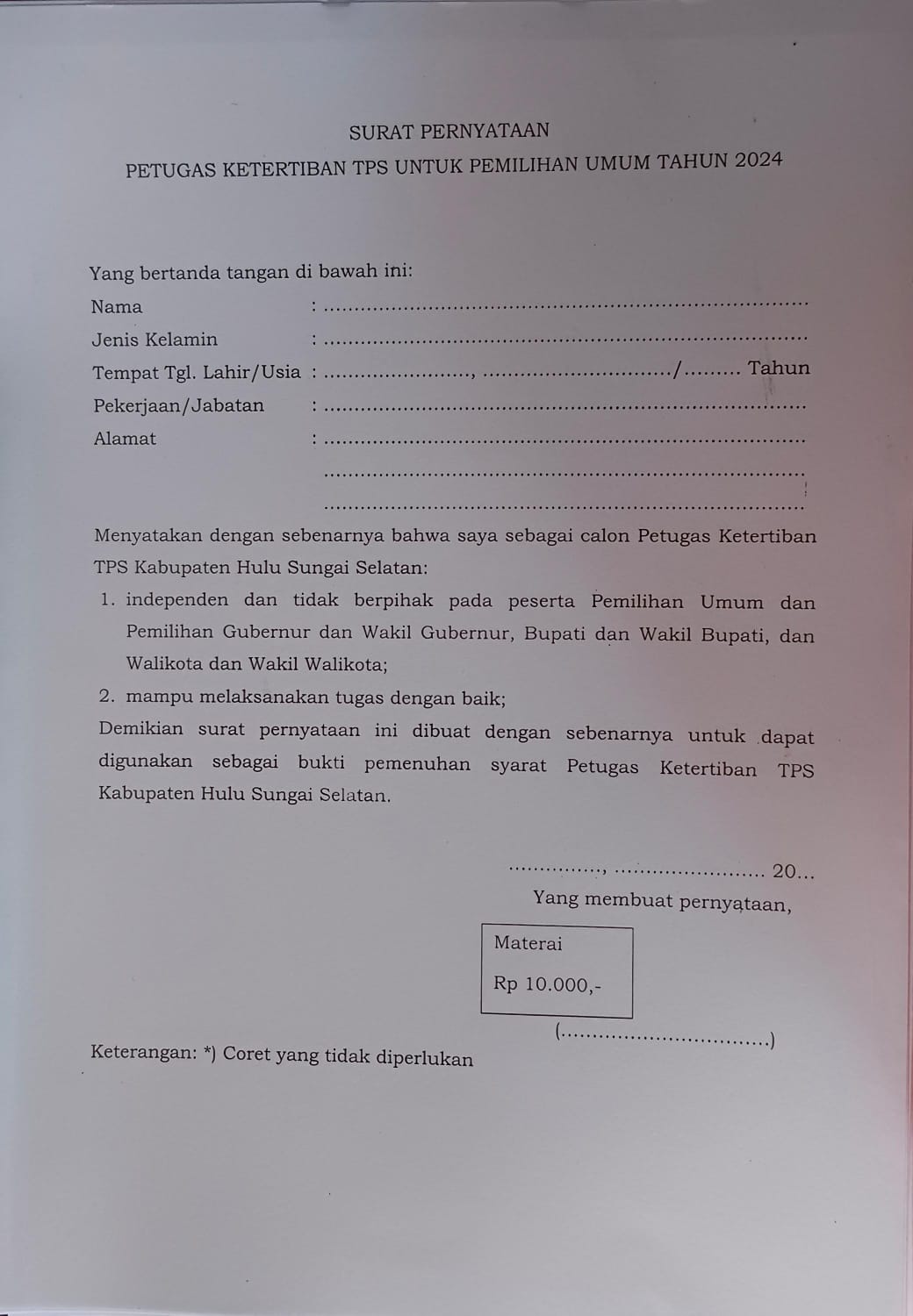 Fotocopy surat pernyataan petugas ketertiban TPS untuk pemilihan umum tahun 2024
