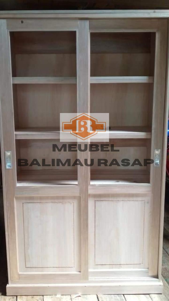 Lemari 2 Pintu (Kayu+Kaca) Geseran TACO (Meubel Balimau Rasap)