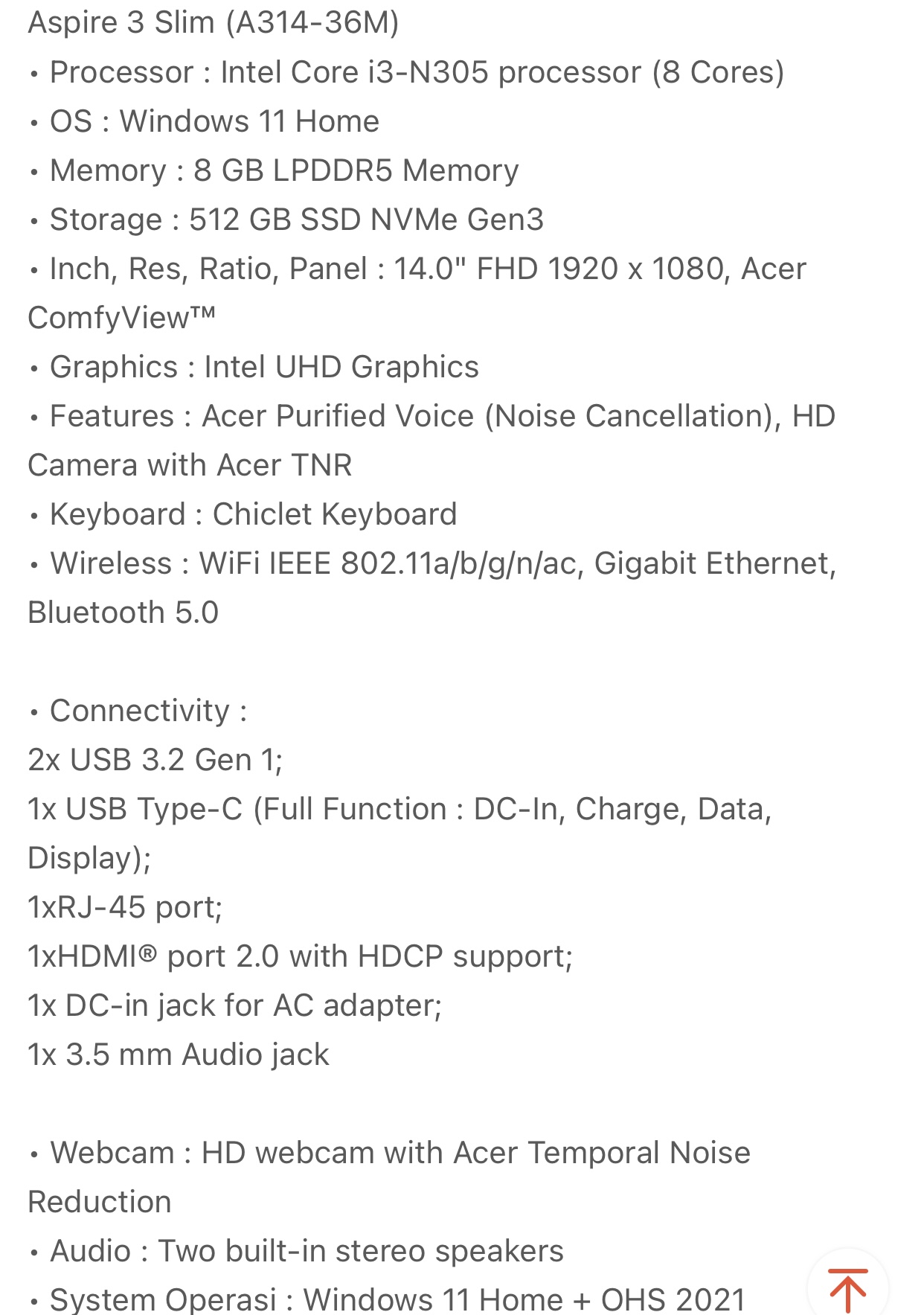 ￼ACER LAPTOP ASPIRE 3 SLIM A314-36M-37EE 14" FHD INTEL CORE I3-N305 RAM 8GB STORAGE 512G SSD GRAPHICS INTEL UHD WINDOWS 11