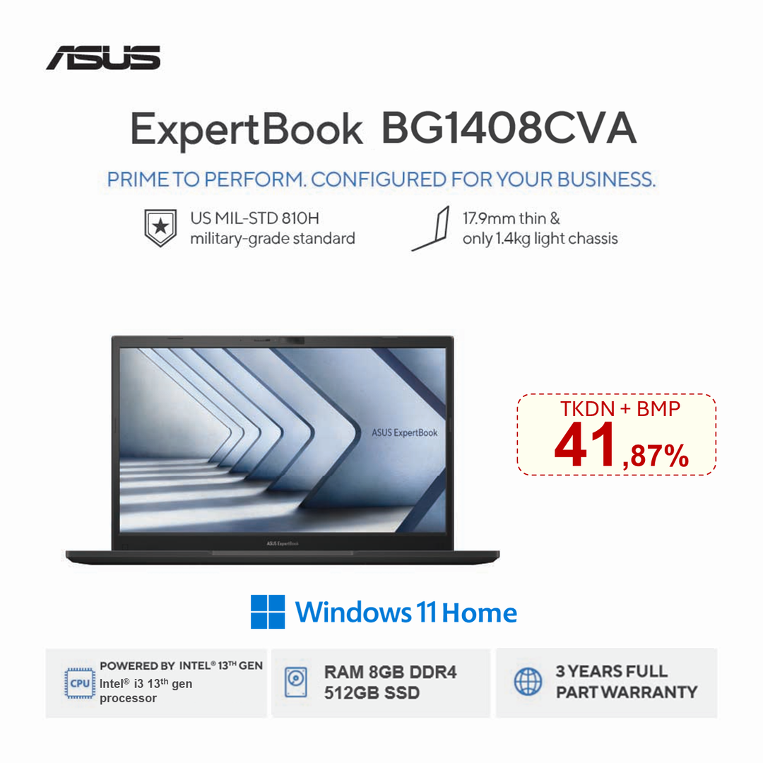 LAPTOP ASUS EXPERTBOOK BG1408CVA I3/8GB/512GB/WIN HOME