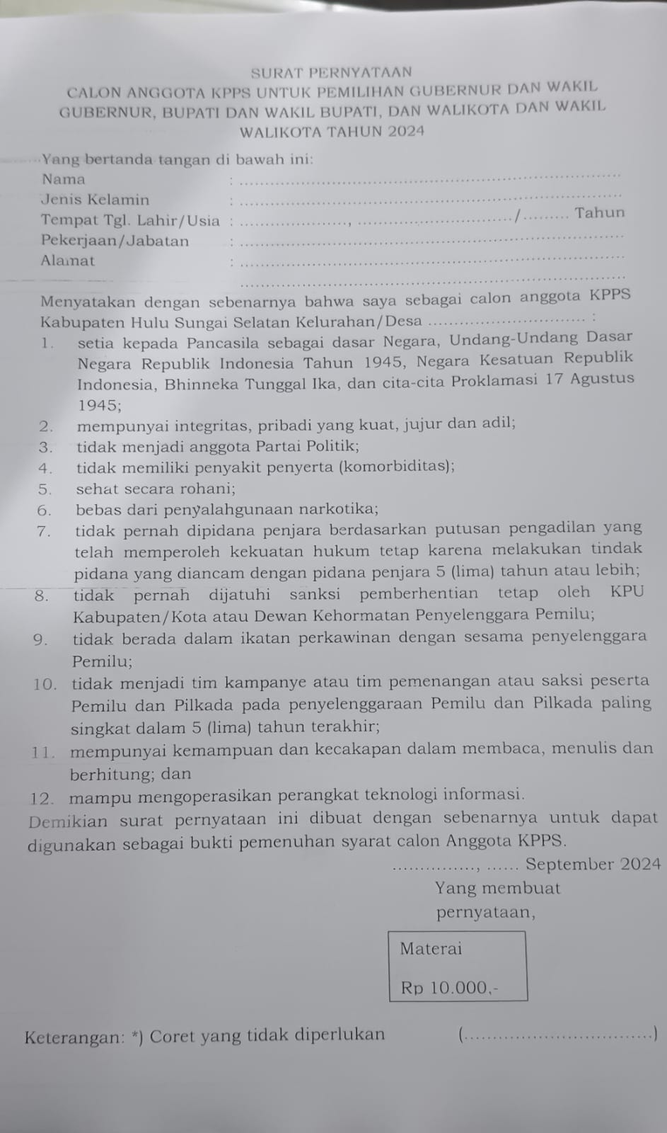 FOTOCOPY SURAT PERNYATAAN SEBAGAI CALON ANGGOTA KPPS  UNTUK PEMILIHAN GUBERNUR DAN WAKIL GUBERNUR, BUPATI DAN WAKIL BUPATI, DAN WALIKOTA DAN WALIKOTA TAHUN 2024