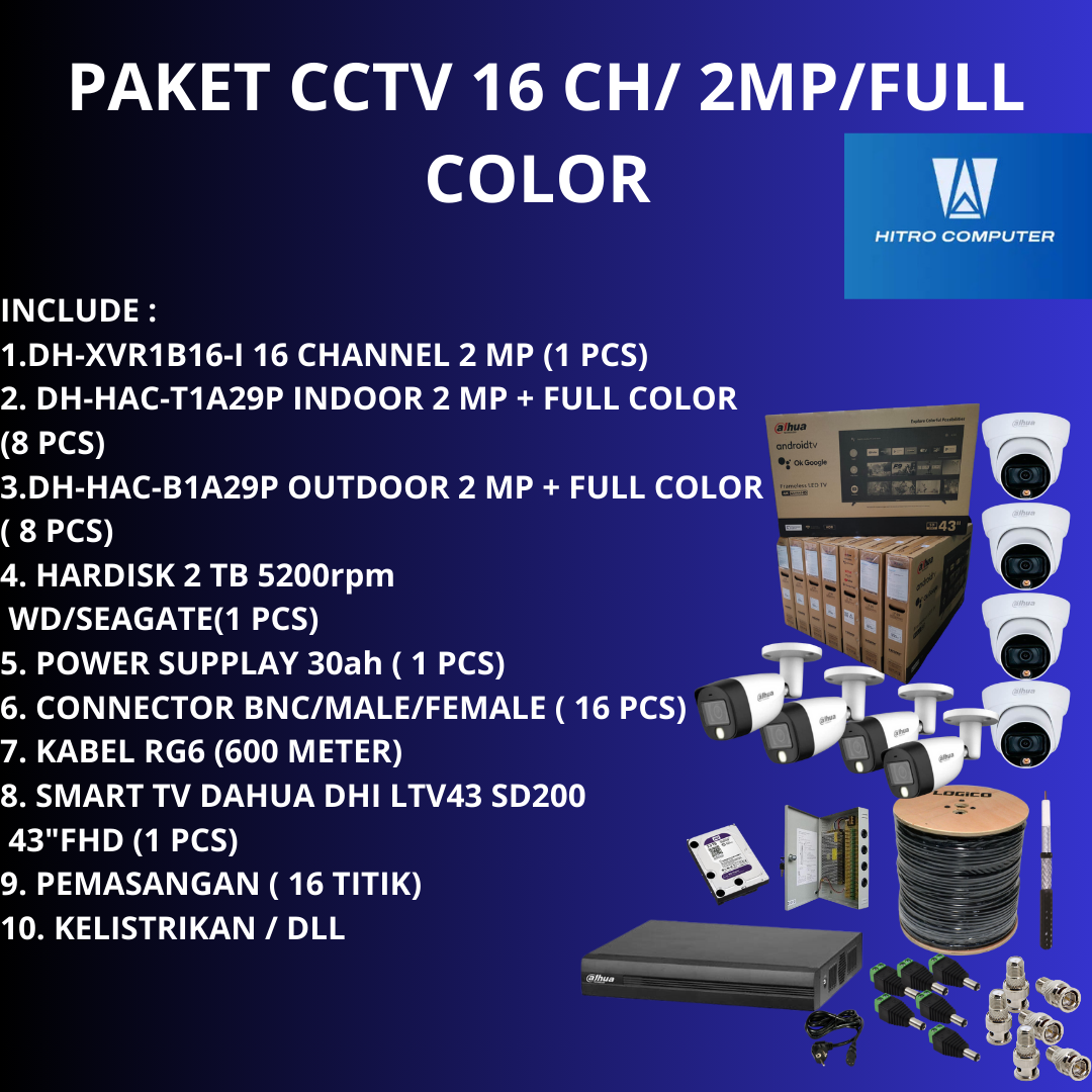 PAKET CCTV DAHUA 16 CH/2 MP/FULL COLOR