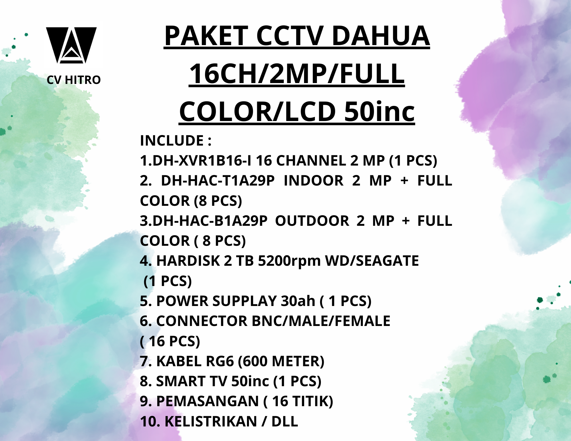 PAKET CCTV DAHUA 16 CH/ 2MP/FULL COLOR LCD 50inc