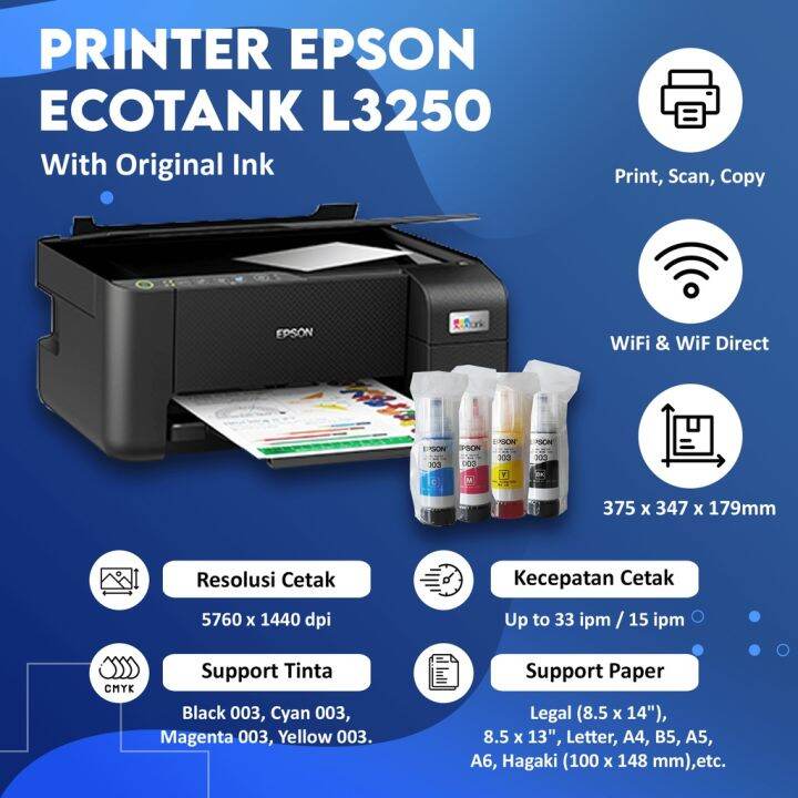 Epson EcoTank L3250 A4 Wi-Fi All-in-One Ink Tank Printer + Paket Tinta 003 1 set (all color)