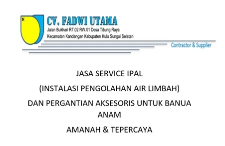 Jasa Service/Setup Ulang IPAL (Instalasi Pengolahan Air Limbah) Sudah termasuk assesoriesnya dan Pekerjaan Perbaikan Tangki IPAL