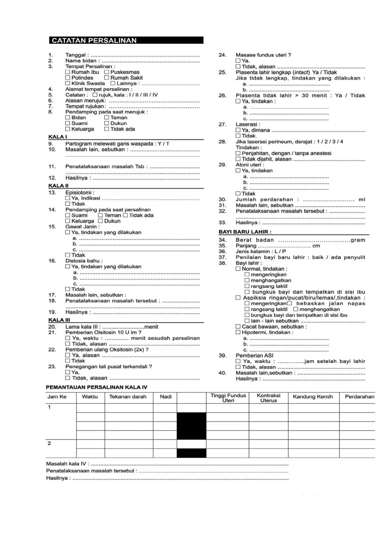 Lembar Patograf Bersalin Bolak Balik