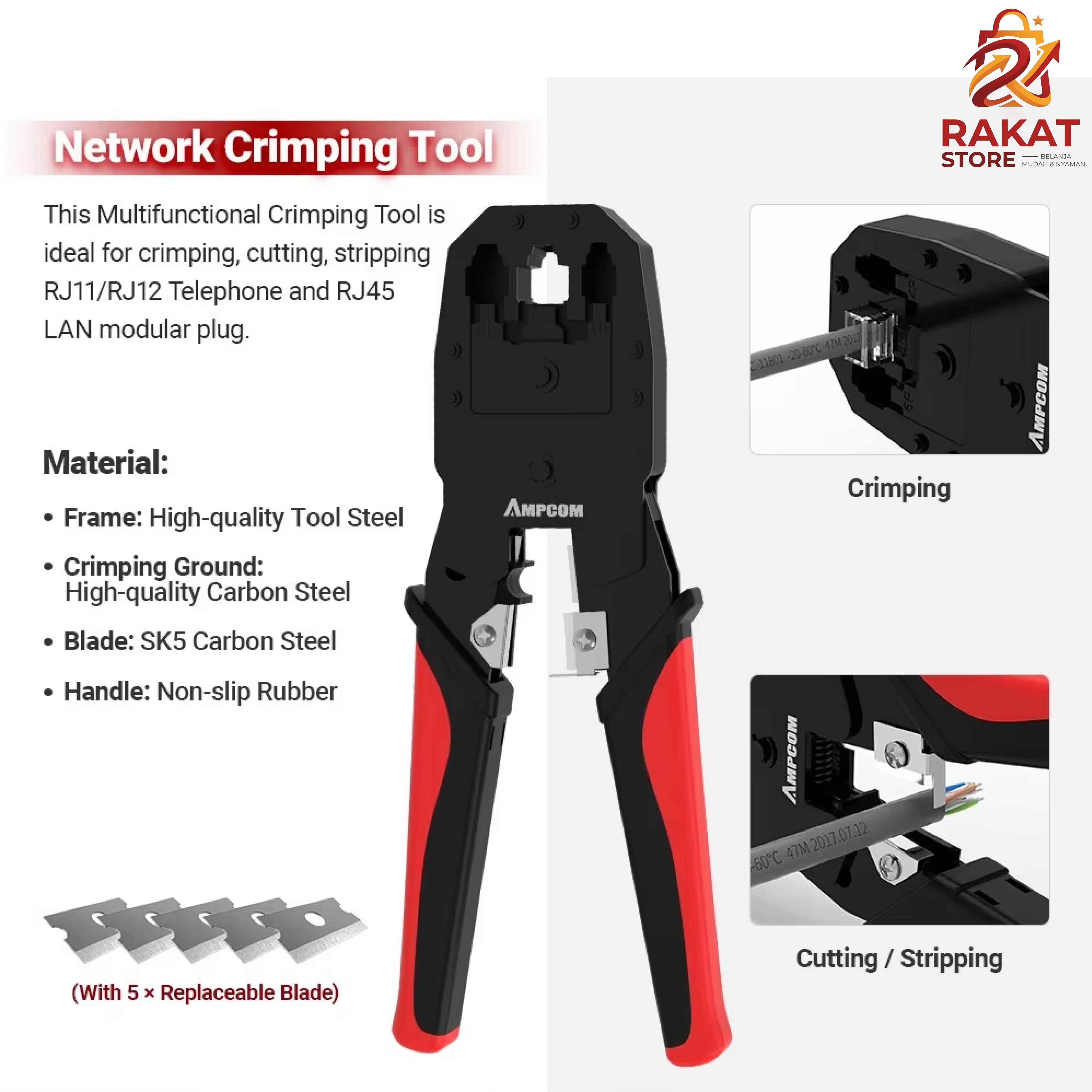 Tang Crimping LAN 3-in-1 RJ45 RJ11 RJ12 + Cutter - Alat Press Kabel Jaringan Profesional
