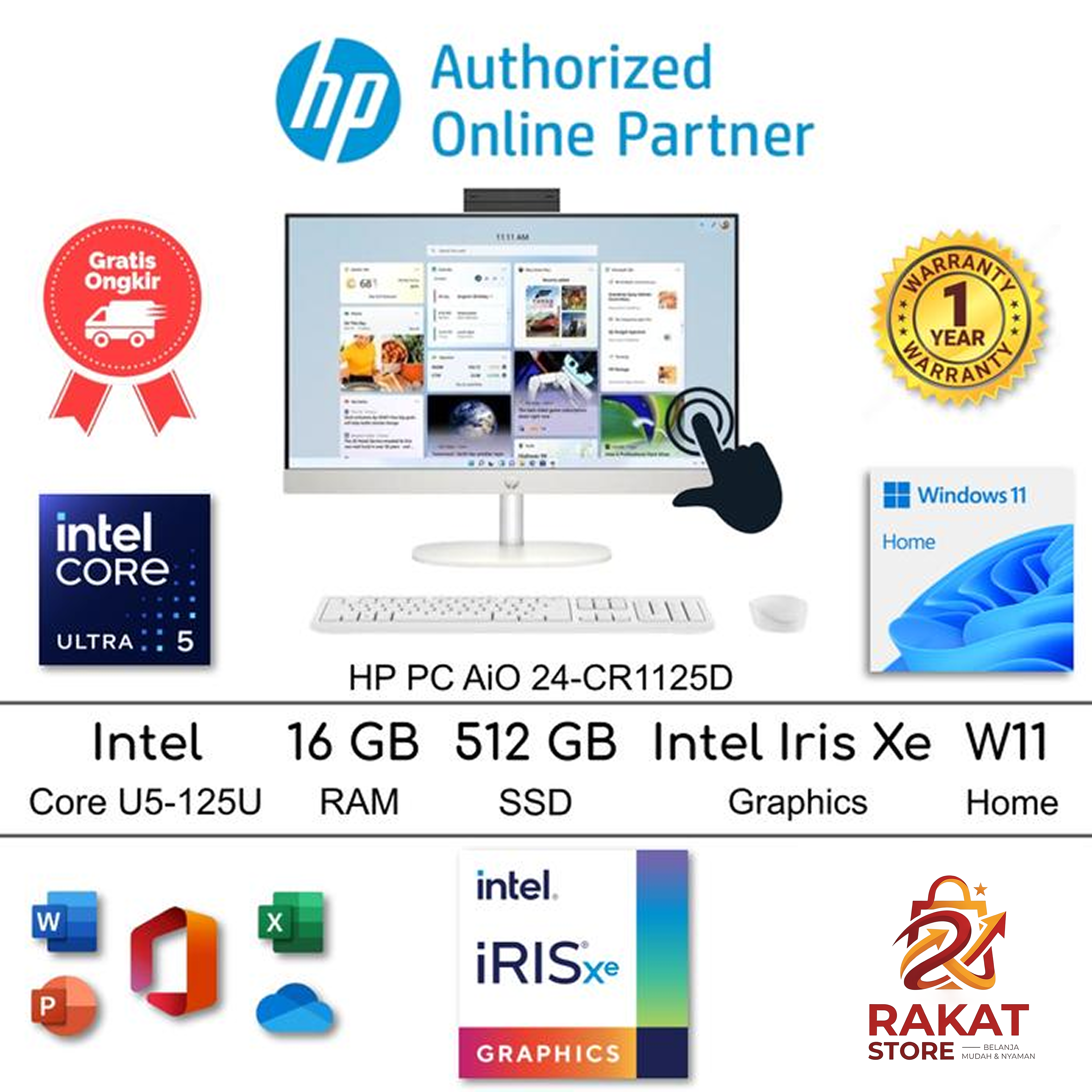 HP PC AiO 24-CR1125D Touchscreen 23.8" FHD IPS – Intel Core Ultra 5 125U | 16GB DDR5 | 512GB SSD | Win 11 + OHS