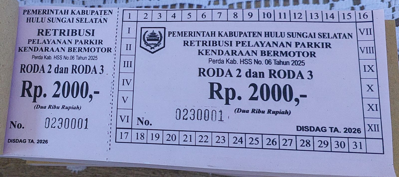 KARCIS RETRIBUSI PARKIR KENDARAAN BERMOTOR RODA 2 DAN RODA 3