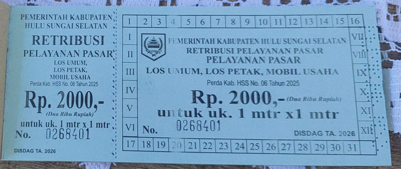 KARCIS RETRIBUSI PELAYANAN PASAR LOS PETAK, LOS UMUM, MOBIL USAHA