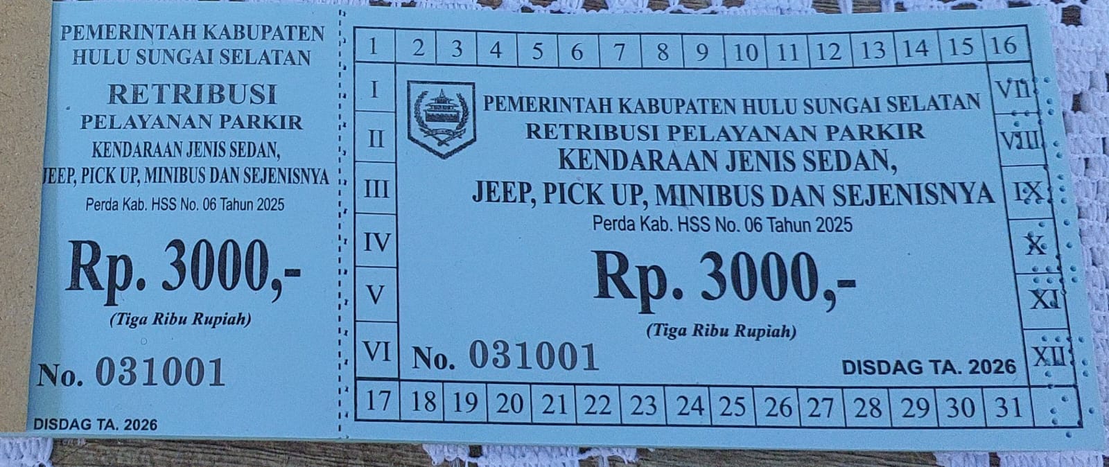 KARCIS RETRIBUSI PARKIR KENDARAAN JENIS SEDAN, JEEP, PICK UP, MINIBUS, DAN SEJENISNYA