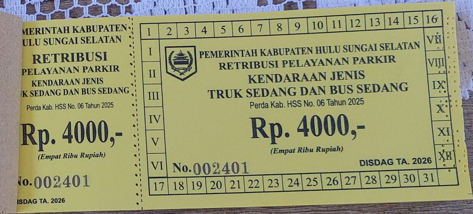 KARCIS RETRIBUSI KENDARAAN TRUK SEDANG DAN BUS SEDANG